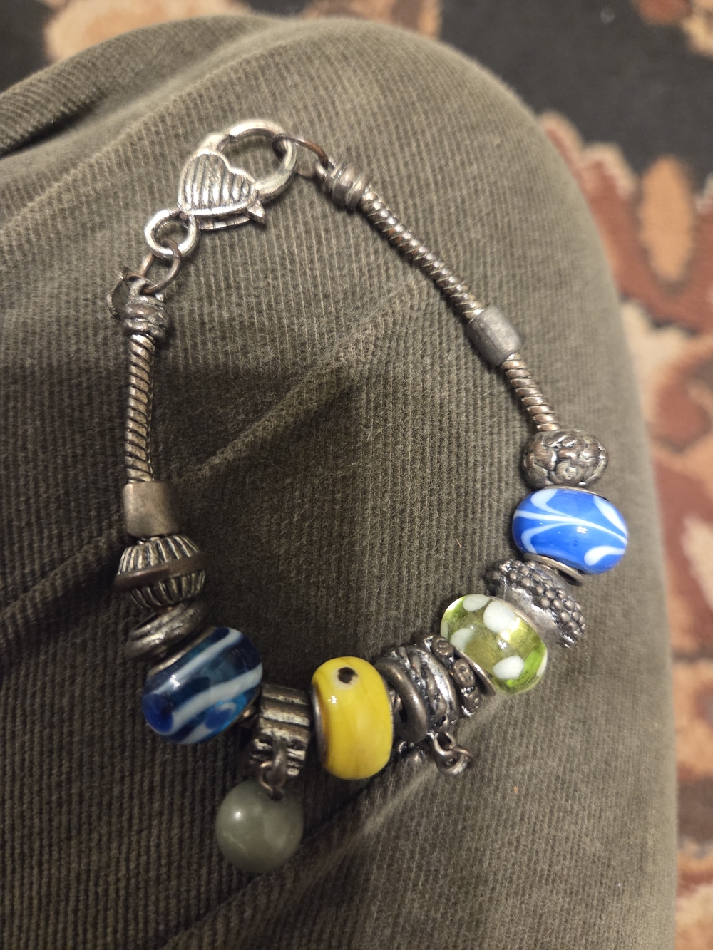 Silver Charm Bracelet with Blue, Yellow and Green Glass Beads